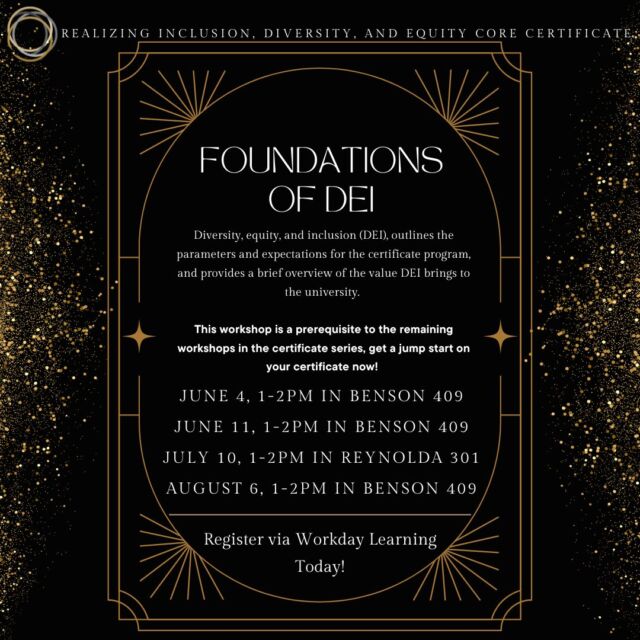 The Office of Diversity and Inclusion is excited to announce the addition of several Foundations of DEI Workshop opportunities to get a jump start on the Realizing Inclusion, Diversity, and Equity Core Certificate series. 

The official certificate launch is in the fall; however, participants can get started now by taking the first and only required Workshop: Foundations of Diversity, Equity, and Inclusion. 

Register via the link in our bio and share with anyone who may be interested in completing the certificate.